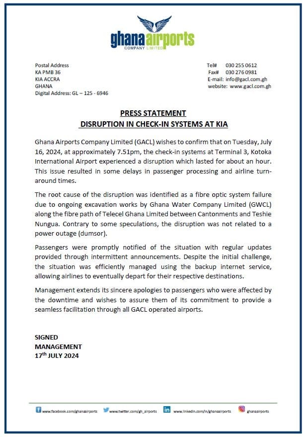 PRESS STATEMENT - DISRUPTION IN CHECK-IN SYSTEMS AT KIA.