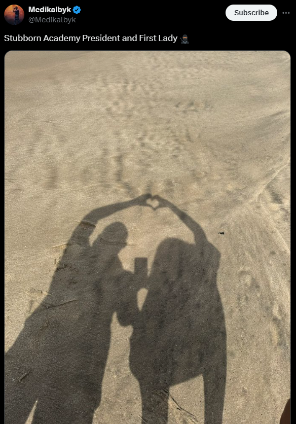 The speculation only intensified when Medikal shared a photo of two shadows at an undisclosed beach front, captioned “Stubborn Academy President and First Lady.”