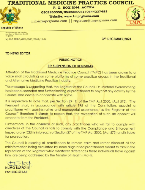 Traditional Medicine Practice Council Refutes Claims About Registrar Suspension 