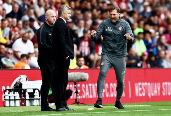 Southampton Manager Ralph Hasenhuttl celebrates at full time. Photograph: James Marsh/BPI/Shutterstock