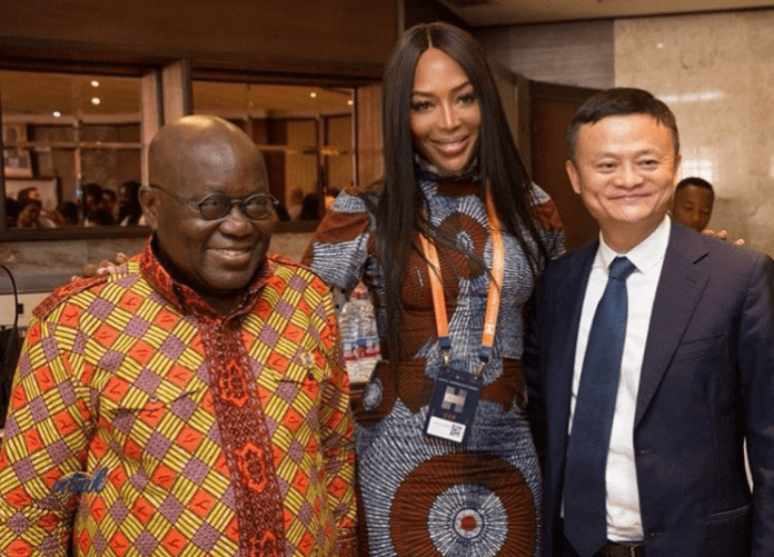 President Nana Addo Dankwa Akufo-Addo (L), Naomi Campbell (M) and Jack Ma