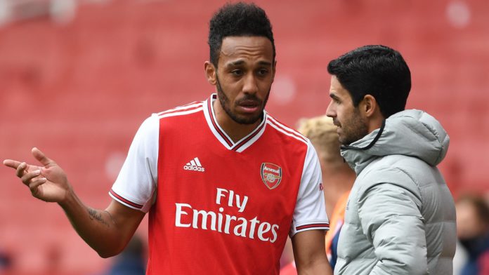 Arsenal Head Coach Mikel Arteta talks to Pierre-Emerick Aubameyang at half time during a friendly match between Arsenal and Charlton Athletic at Emirates Stadium on June 06, 2020 Image credit: Getty Images