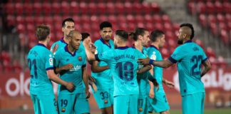 Barcelona´s Danish forward Martin Braithwaite (2L) celebrates with teammates after scoring a goal during the Spanish League football match between RCD Mallorca and FC Barcelona at the Visit Mallorca stadium (Son Moix stadium) in Palma de Mallorca on June Image credit: Getty Images