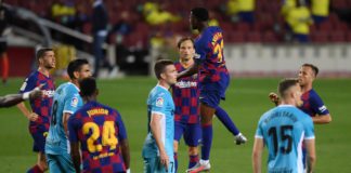 Anssumane Fati of Barcelona celebrates after he scores his teams first goal during the Liga match between FC Barcelona and CD Leganes at Camp Nou on June 16, 2020 Image credit: Getty Images