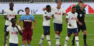 Harry Kane of Tottenham Hotspur celebrates with teammate Serge Aurier after scoring his team's second goal during the Premier League match between Tottenham Hotspur and West Ham United at Tottenham Hotspur Stadium on June 23, 2020 in London, England Image credit: Getty Images