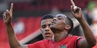 Manchester United's French striker Anthony Martial celebrates scoring his team's second goal against Sheffield United Image credit: Getty Images