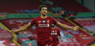 Trent Alexander-Arnold of Liverpool Celebrates after putting liverpool ahead during the Premier League match between Liverpool FC and Crystal Palace at Anfield Image credit: Getty Images