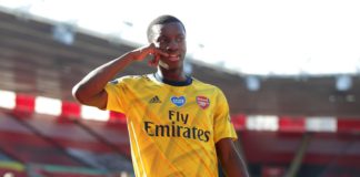 Eddie Nkethia of Arsenal celebrates after he scores a goal to make it 1-0 following a mistake from Alex McCarthy of Southampton during the Premier League match between Southampton FC and Arsenal FC at St Mary's Stadium Image credit: Getty Images