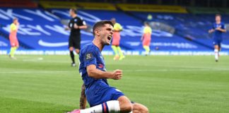 Christian Pulisic of Chelsea celebrates after scoring his sides first goal during the Premier League match between Chelsea FC and Manchester City at Stamford Bridge Image credit: Getty Images