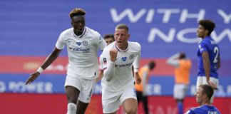 Ross Barkley of Chelsea celebrates after scoring his sides first goal during the FA Cup Fifth Quarter Final match between Leicester City and Chelsea FC at The King Power Stadium on June 28, 2020 in Leicester, England. Image credit: Getty Images