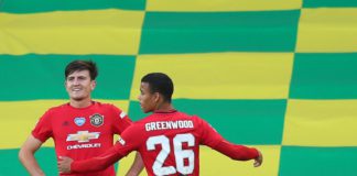 Harry Maguire of Manchester United celebrates with Mason Greenwood of Manchester United after scoring his teams second goal during the FA Cup Quarter Final match between Norwich City and Manchester United at Carrow Road on June 27, 2020 in Norwich, Englan Image credit: Getty Images