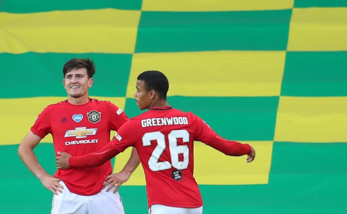 Harry Maguire of Manchester United celebrates with Mason Greenwood of Manchester United after scoring his teams second goal during the FA Cup Quarter Final match between Norwich City and Manchester United at Carrow Road on June 27, 2020 in Norwich, Englan Image credit: Getty Images