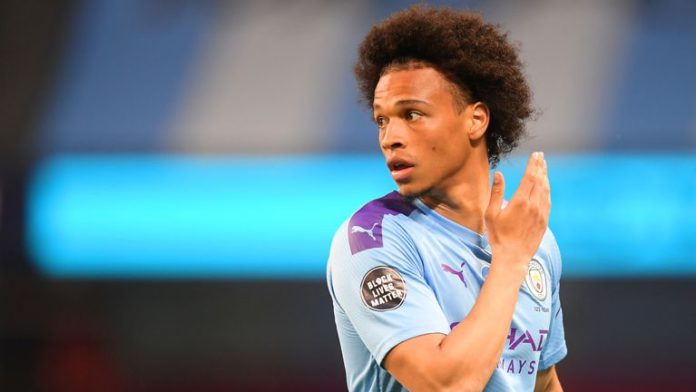 Leroy Sane of Manchester City looks on while showing the Black Lives Matter movement logo on his shirt sleeve during the Premier League match between Manchester City and Burnley FC at Etihad Stadium on June 22, 2020 in Manchester, England Image credit: Getty Images