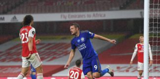 Jamie Vardy of Leicester City celebrates after scoring his team's first goal during the Premier League match between Arsenal FC and Leicester City at Emirates Stadium on July 07, 2020 in London, England. Football Stadiums around Europe remain empty due to coronavirus Image crediJamie Vardy of Leicester City celebrates after scoring his team's first goal during the Premier League match between Arsenal FC and Leicester City at Emirates Stadium on July 07, 2020 in London, England. Football Stadiums around Europe remain empty due to coronavirus Image credit: Getty Imagest: Getty Images