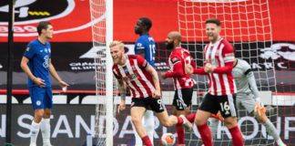 Sheffield United's Oliver McBurnie celebrates scoring his side's second goal during the Premier League match between Sheffield United and Chelsea FC at Bramall Lane on July 11, 2020 in Sheffield, United Kingdom. Image credit: Getty Images