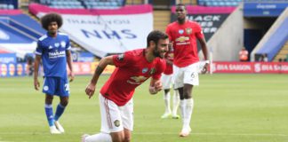 Bruno Fernandes of Manchester United celebrates scoring their first goal during the Premier League match between Leicester City and Manchester United at The King Power Stadium Image credit: Getty Images