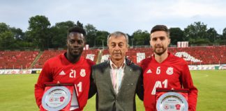 Gyasi with club manager and midfielder Pinto