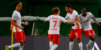 Leipzig's US midfielder Tyler Adams (2R) celebrates after scoring a goal during the UEFA Champions League quarter-final football match between Leipzig and Atletico Madrid at the Jose Alvalade stadium in Lisbon on August 13, 2020 Image credit: Getty Images