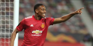 Anthony Martial of Manchester United celebrates scoring their second goal during the UEFA Europa League round of 16 second leg match between Manchester United and LASK at Old Trafford on August 05, 2020 in Manchester, England. Image credit: Getty Images