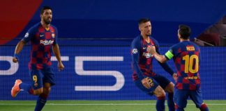 Barcelona's French defender Clement Lenglet (C) celebrates with Barcelona's Argentine forward Lionel Messi (R) and Barcelona's Uruguayan forward Luis Suarez (R) after scoring a goal during the UEFA Champions League round of 16 second leg football match be Image credit: Getty Images