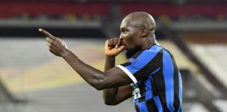 Romelu Lukaku of Inter Milan celebrates after scoring his sides second goal during the UEFA Europa League Quarter Final between FC Internazionale and Bayer 04 Leverkusen at Merkur Spiel-Arena on August 10, 2020 in Duesseldorf, Germany. Image credit: Getty Images