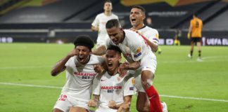 Sevilla's Argentinian midfielder Lucas Ocampos (C) celebrates scoring his team's first goal during the UEFA Europa League quarter-final football match Wolverhampton Wanderers v Sevilla at the MSV Arena on August 11, 2020 in Duisburg, western Germany. Image credit: Getty Images