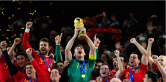 Iker Casillas of Spain celebrates lifting the World Cup with team mates during the 2010 FIFA World Cup South Africa Final match between Netherlands and Spain at Soccer City Stadium on July 11, 2010 in Johannesburg, South Africa Image credit: Getty Images