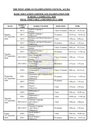 WAEC Releases Timetable For 2020 BECE - Adomonline.com