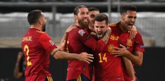 LUIS JOSE GAYA OF SPAIN CELEBRATES WITH TEAMMATES AFTER SCORING HIS TEAM'S FIRST GOAL DURING THE UEFA NATIONS LEAGUE GROUP STAGE MATCH BETWEEN GERMANY AND SPAIN AT MERCEDES-BENZ ARENA IMAGE CREDIT: GETTY IMAGES