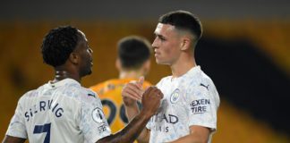 RAHEEM STERLING CELEBRATES WITH GOALSCORER PHIL FODEN IMAGE CREDIT: GETTY IMAGES