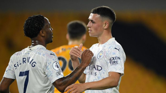 RAHEEM STERLING CELEBRATES WITH GOALSCORER PHIL FODEN IMAGE CREDIT: GETTY IMAGES