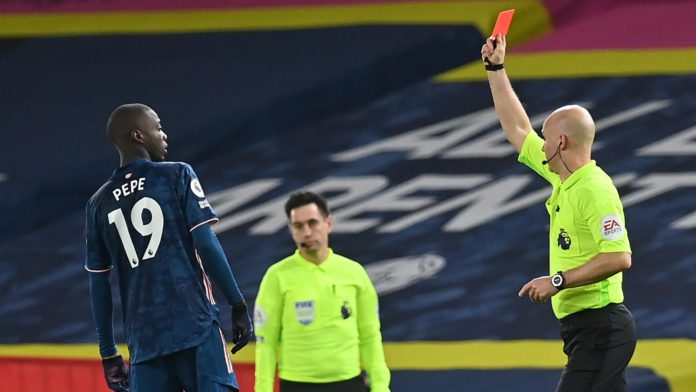 Nicolas Pepe red card, Leeds v Arsenal Image credit: Getty Images