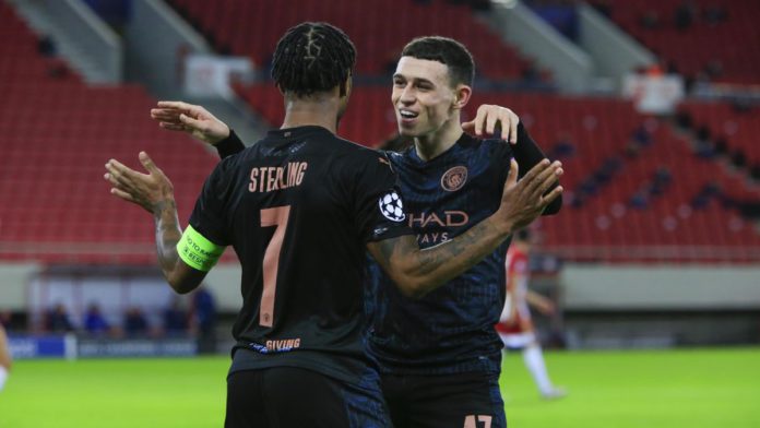 Phil Foden of Manchester City celebrates his goal with Raheem Sterling of Manchester City Image credit: Getty Images