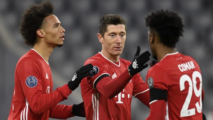 Bayern Munich's German midfielder Leroy Sane, Bayern Munich's Polish forward Robert Lewandowski and Bayern Munich's French forward Kingsley Coman Image credit: Getty Images