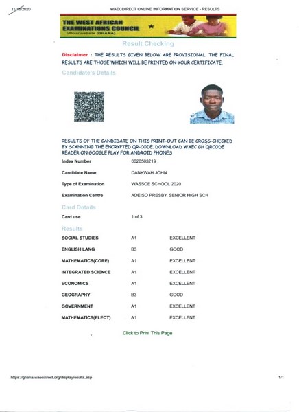 WASSCE results of student