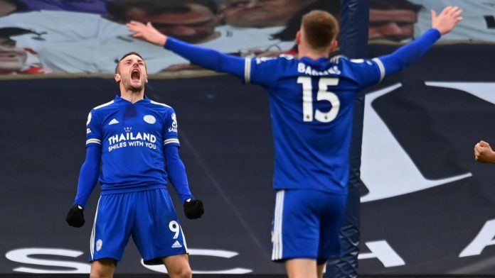 Leicester City's English striker Jamie Vardy (R) celebrates after his header is deflected into his own net by Tottenham Hotspur's Belgian defender Toby Alderweireld (L) for their second goal during the English Premier League football match between Tottenh Image credit: Getty Images