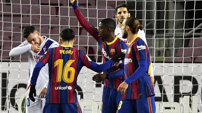 Ousmane Dembele celebrates scoring for Barcelona against Eibar Image credit: Getty Images