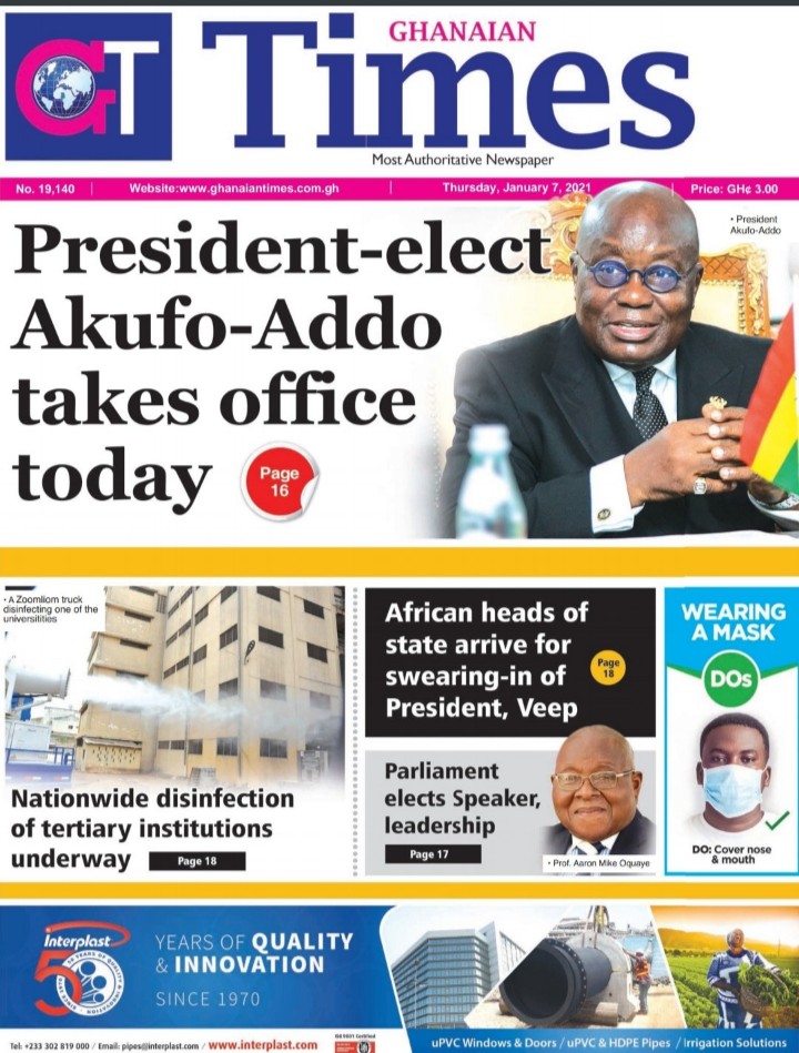 Newspaper Headlines Thursday, January 7, 2021