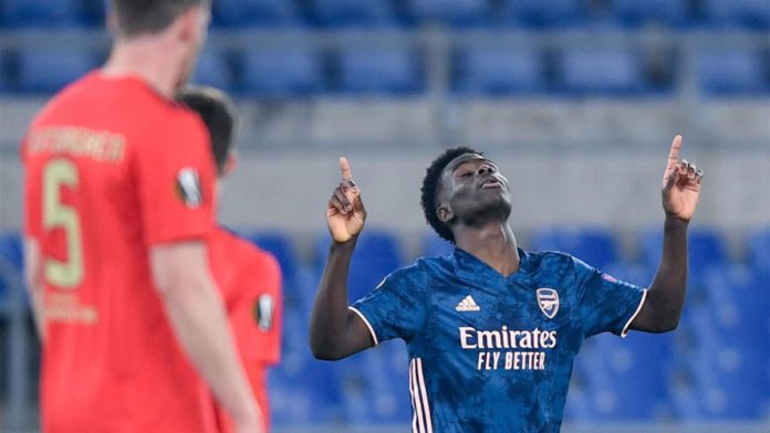 Bukayo Saka of Arsenal FC celebrates after scoring first goal during the UEFA Europa League round of 32 Leg 1 Image credit: Getty Images