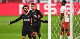 Mohamed Salah of Liverpool celebrates after scoring the first goal during the UEFA Champions League Round of 16 match between RB Leipzig and Liverpool FC at Puskas Arena on February 16, 2021 in Budapest, Hungary Image credit: Getty Images