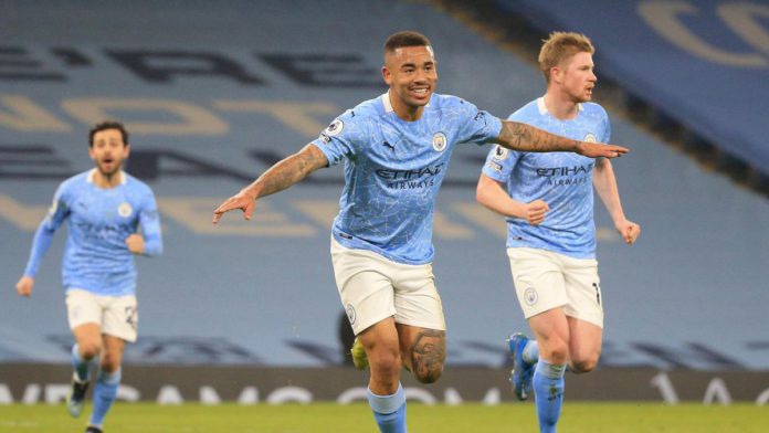 Gabriel Jesus of Manchester City celebrates after scoring their side's second goal during the Premier League match between Manchester City and Wolverhampton Wanderers at Etihad Stadium on March 02, 2021 in Manchester, England. Image credit: Getty Images