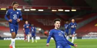 Mason Mount of Chelsea celebrates after scoring his team's first goal during the Premier League match between Liverpool and Chelsea at Anfield on March 04, 2021 in Liverpool, England Image credit: Getty Images