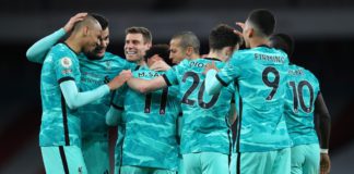 Mohamed Salah of Liverpool celebrates with Fabinho, Ozan Kabak, James Milner, Thiago Alcantara and teammates after scoring their team's second goal during the Premier League match between Arsenal and Liverpool at Emirates Stadium on April 03, 2021 in London Image credit: Getty Images