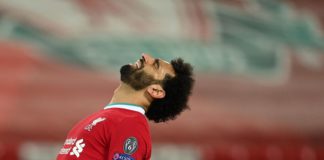 Mohamed Salah of Liverpool reacts during the UEFA Champions League Quarter Final Second Leg match between Liverpool FC and Real Madrid at Anfield on April 14, 2021 in Liverpool, England. Image credit: Getty Images