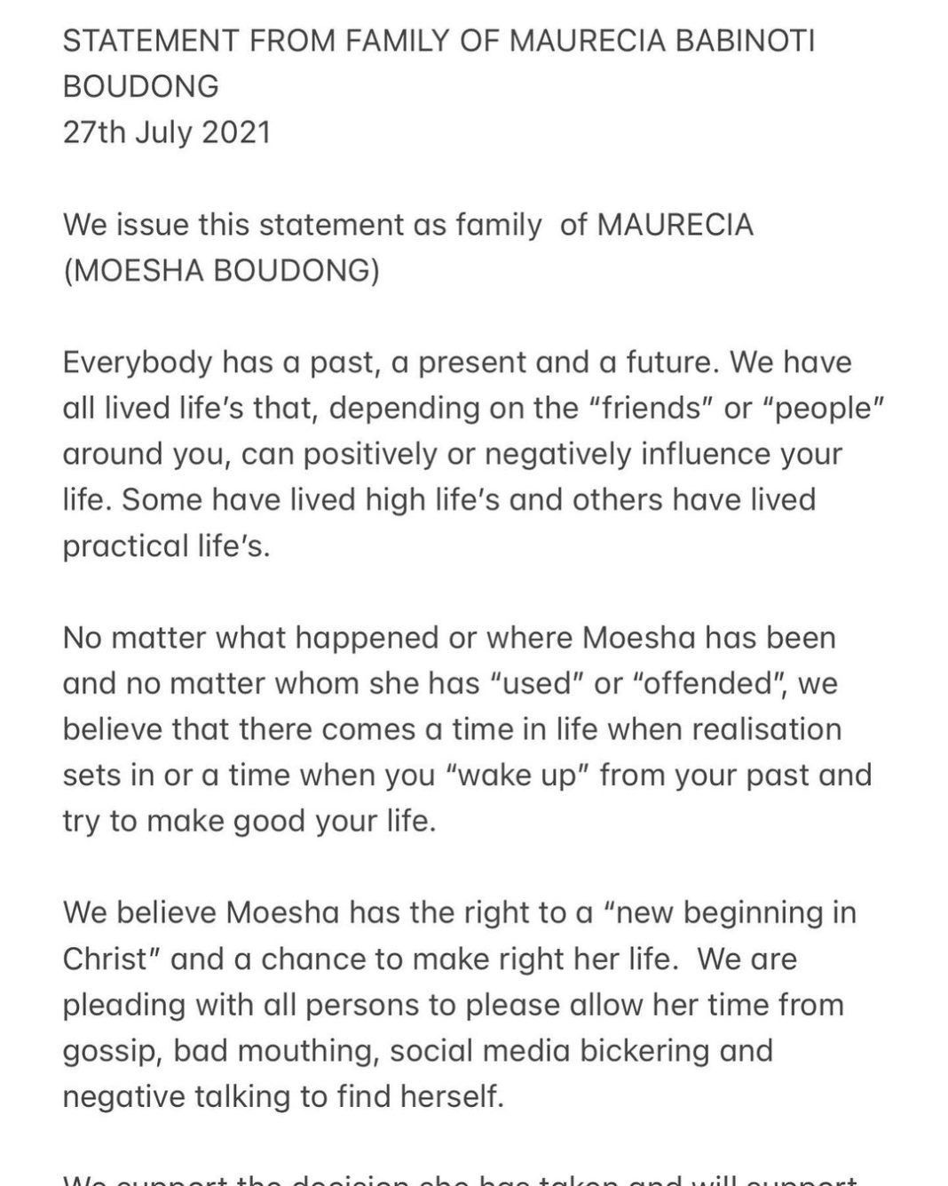 Moesha Boduong: Actress' Family Release Press Statement Over Her Condition