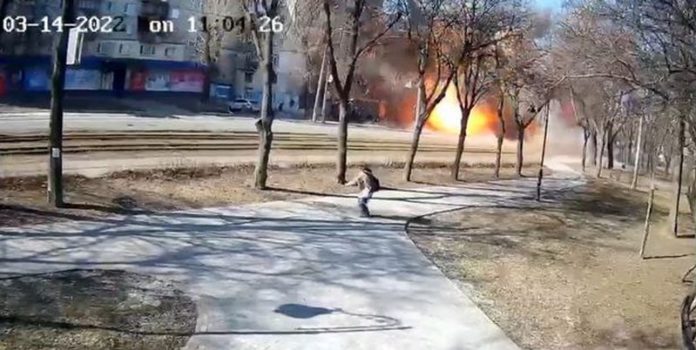 The missile destroyed a tram and partially hit a residential building ( Image: APonomarenko/Twitter)