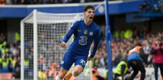 Kai Havertz of Chelsea celebrates after scoring their sides first goal during the Premier League match between Chelsea and Newcastle United at Stamford Bridge on March 13, 2022 in London, England Image credit: Getty Images