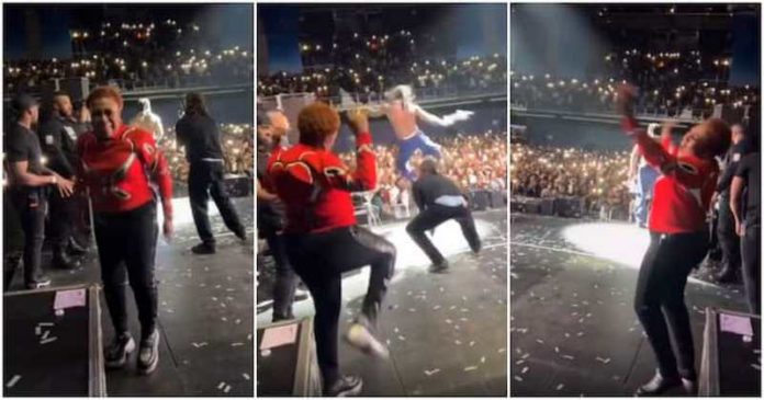 Burna Boy's mum Bose Ogulu wows fans with her dance moves on stage in Ireland. Source: Instagram