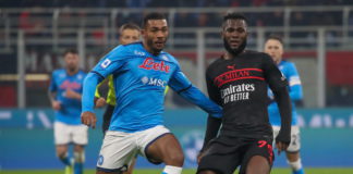 Napoli's defender Juan Jesus (L) in action against AC Milan's midfielder Frank Kessie during the Italian Serie A soccer match AC Milan vs SSC Napoli at Giuseppe Meazza Stadium in Milan, Italy, 19 December 2021. EPA/ROBERTO BREGANI