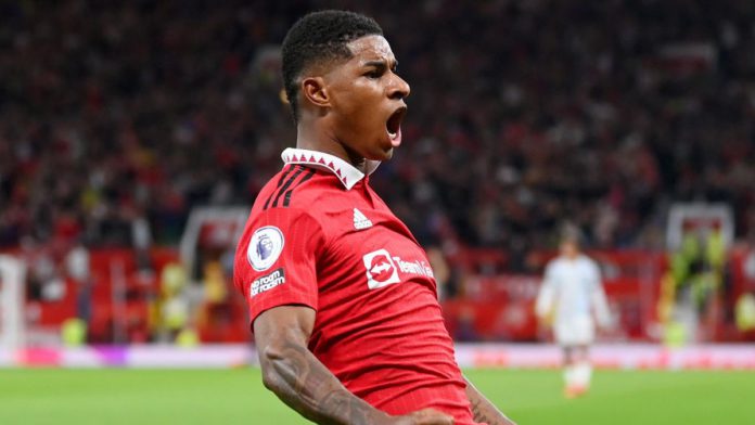 Marcus Rashford celebrates scoring for Manchester United Image credit: Getty Images